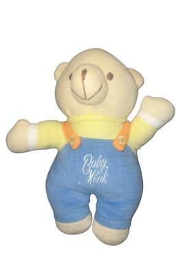 Vintage Baby Mink Velour Teddy Bear Stuffed  Plush  Blue Overalls 10”